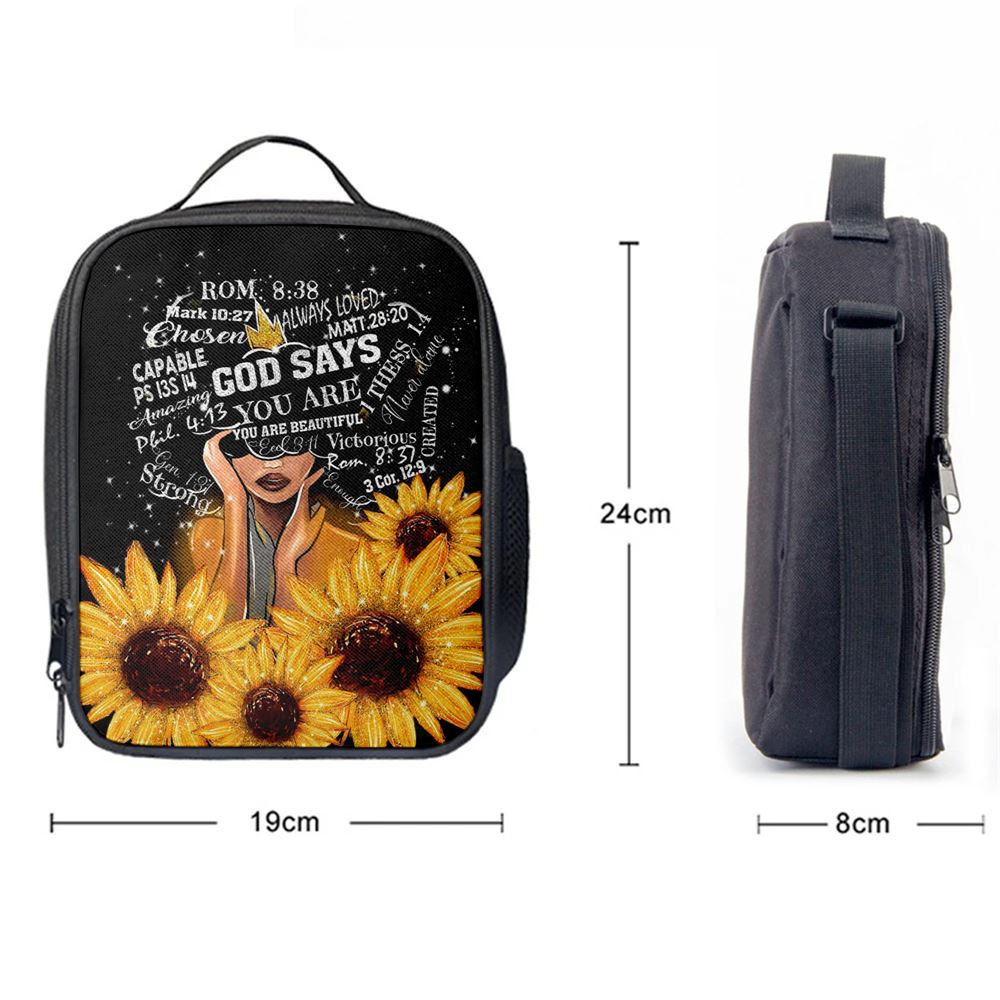 Sunflower Black Girl Lunch Bags - God Says You Are Sunflower Lunch Bag, Bible Verse Lunch Bag For Men And Women