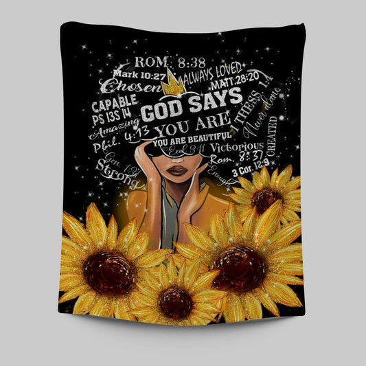 Sunflower Black Girl Tapestry Prints - God Says You Are Sunflower Tapestry Wall Art - Religious Tapestries Wall Hanging Prints