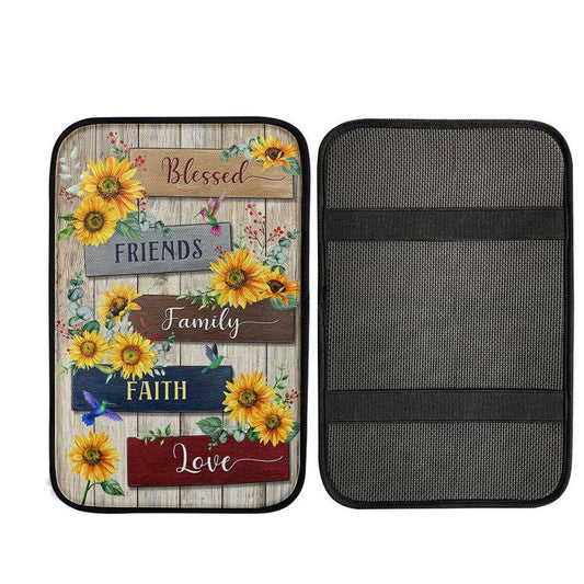 Sunflower Blessed Friends Family Faith Love Car Center Console Cover, Religious Car Interior Accessories