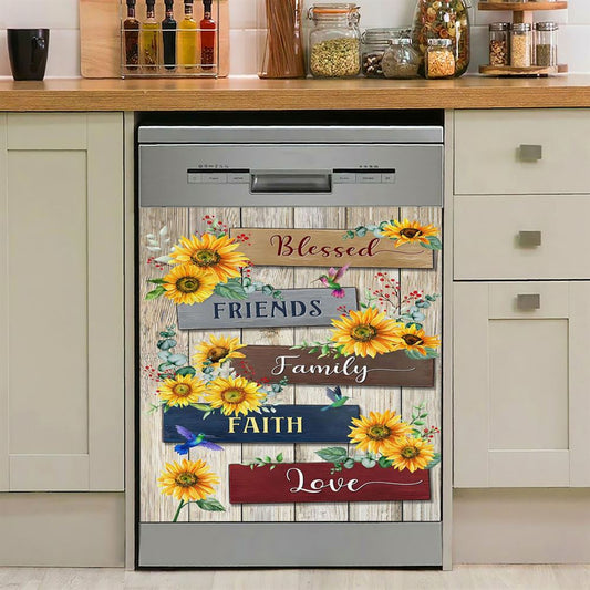 Sunflower Blessed Friends Family Faith Love Dishwasher Cover, Inspirational Dishwasher Wrap, Christian Kitchen Decoration