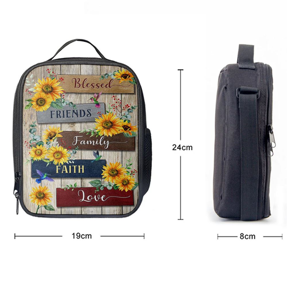 Sunflower Blessed Friends Family Faith Love Lunch Bag, Bible Verse Lunch Bag For Men And Women