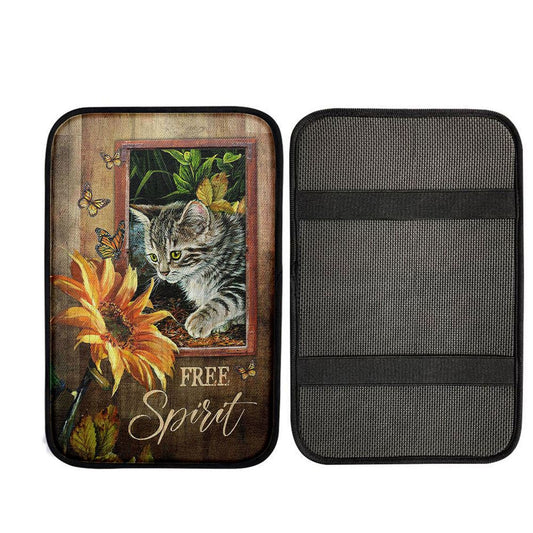 Sunflower Butterfly Cat Free Spirit Car Center Console Cover, Bible Verse Car Interior Accessories