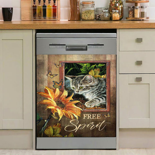 Sunflower Butterfly Cat Free Spirit Dishwasher Cover, Christian Dishwasher Wrap, Bible Verse Kitchen Decoration