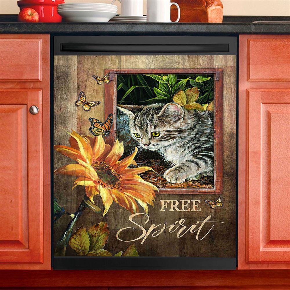 Sunflower Butterfly Cat Free Spirit Dishwasher Cover, Christian Dishwasher Wrap, Bible Verse Kitchen Decoration