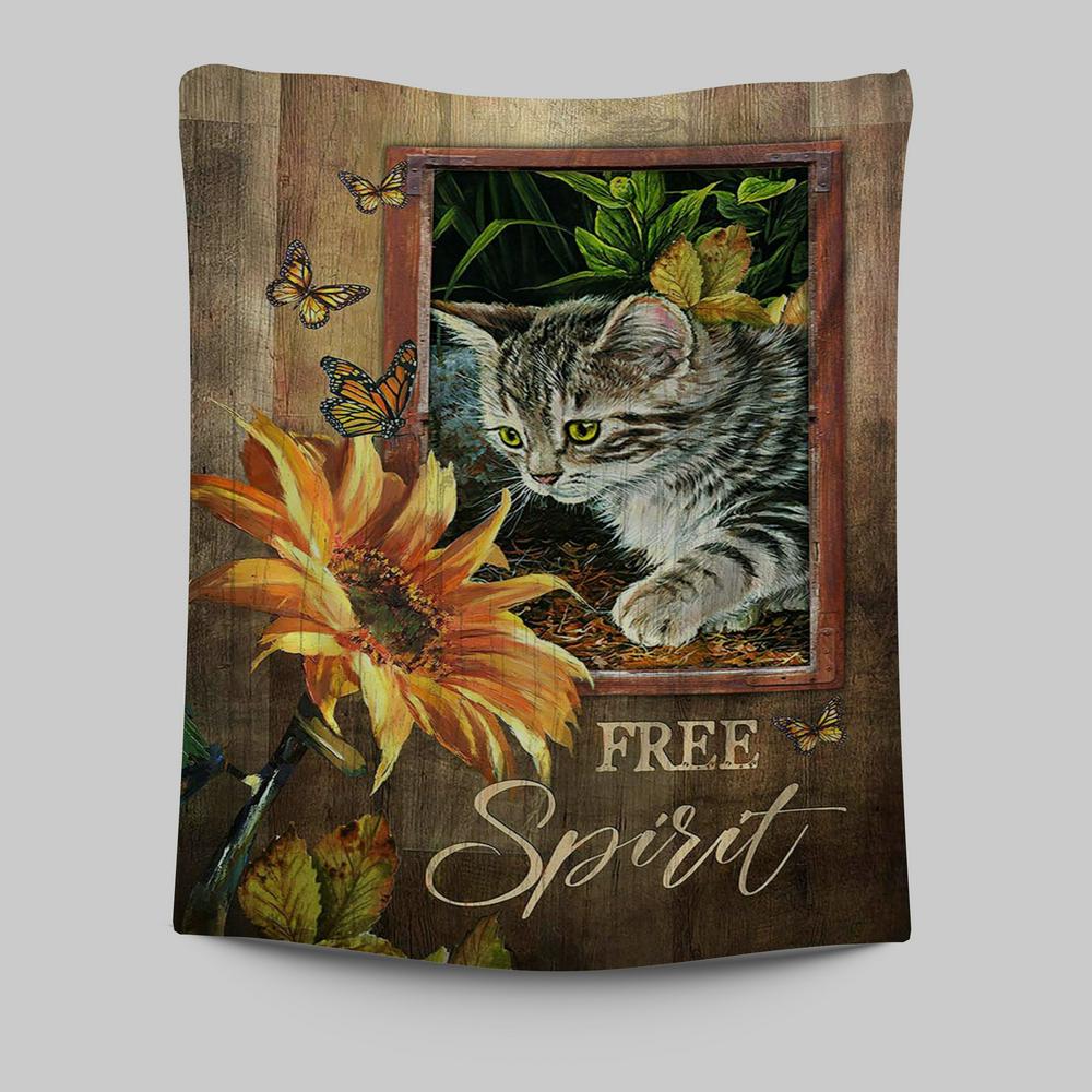 Sunflower Butterfly Cat Free Spirit Tapestry Art - Christian Art - Bible Verse Wall Art - Religious Home Decor
