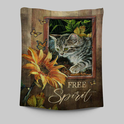 Sunflower Butterfly Cat Free Spirit Tapestry Art - Christian Art - Bible Verse Wall Art - Religious Home Decor