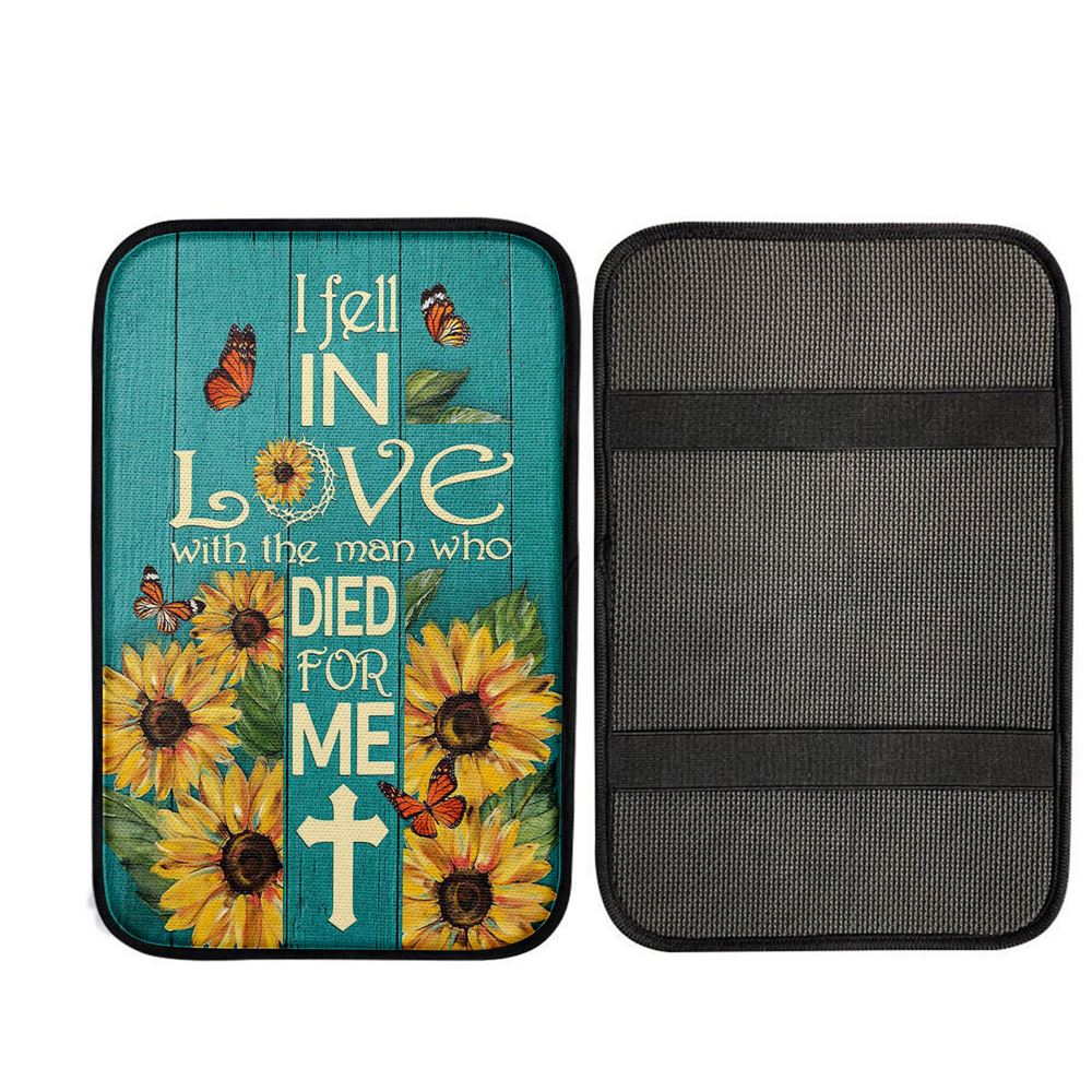 Sunflower Butterfly I Fell In Love With The Man Who Died For Me Car Center Console Cover, Bible Verse Car Interior Accessories