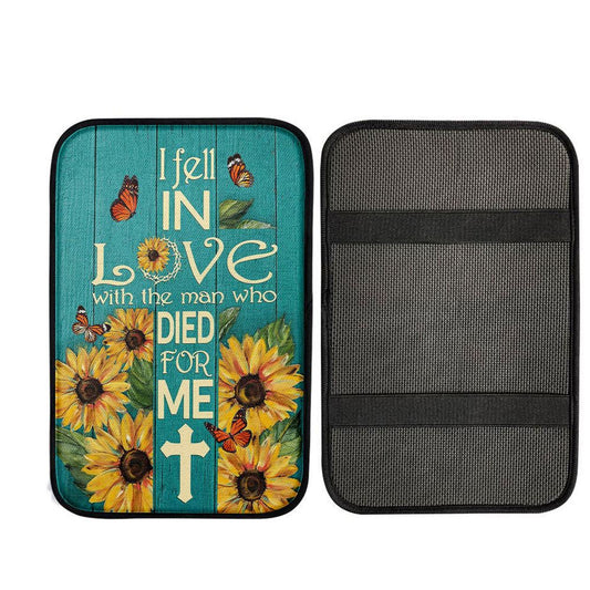Sunflower Butterfly I Fell In Love With The Man Who Died For Me Car Center Console Cover, Bible Verse Car Interior Accessories