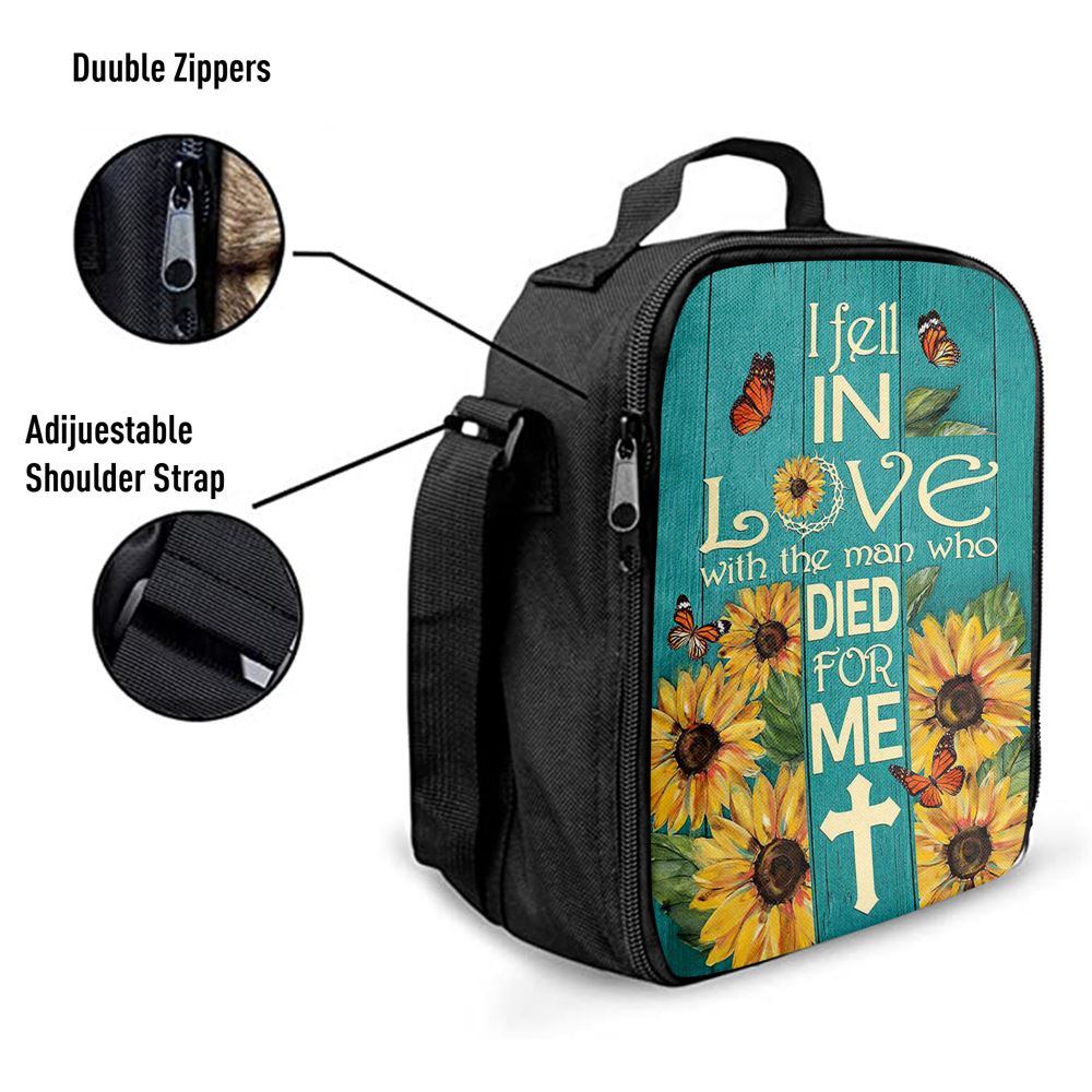 Sunflower Butterfly I Fell In Love With The Man Who Died For Me Lunch Bag - Christian Art, Bible Verse Lunch Bag For Men And Women