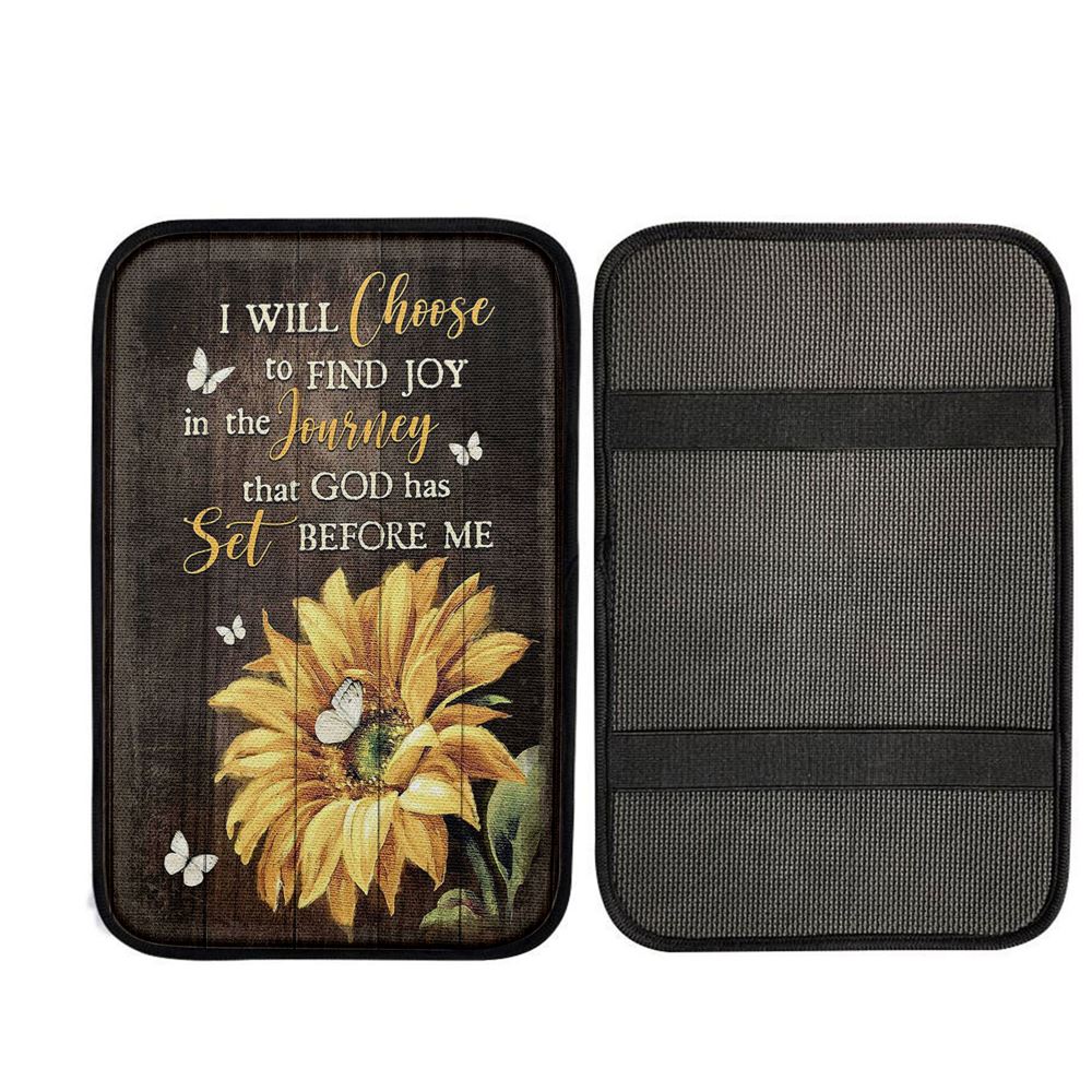 Sunflower Butterfly I Will Choose To Find Joy In The Journey Car Center Console Cover, Religious Car Interior Accessories