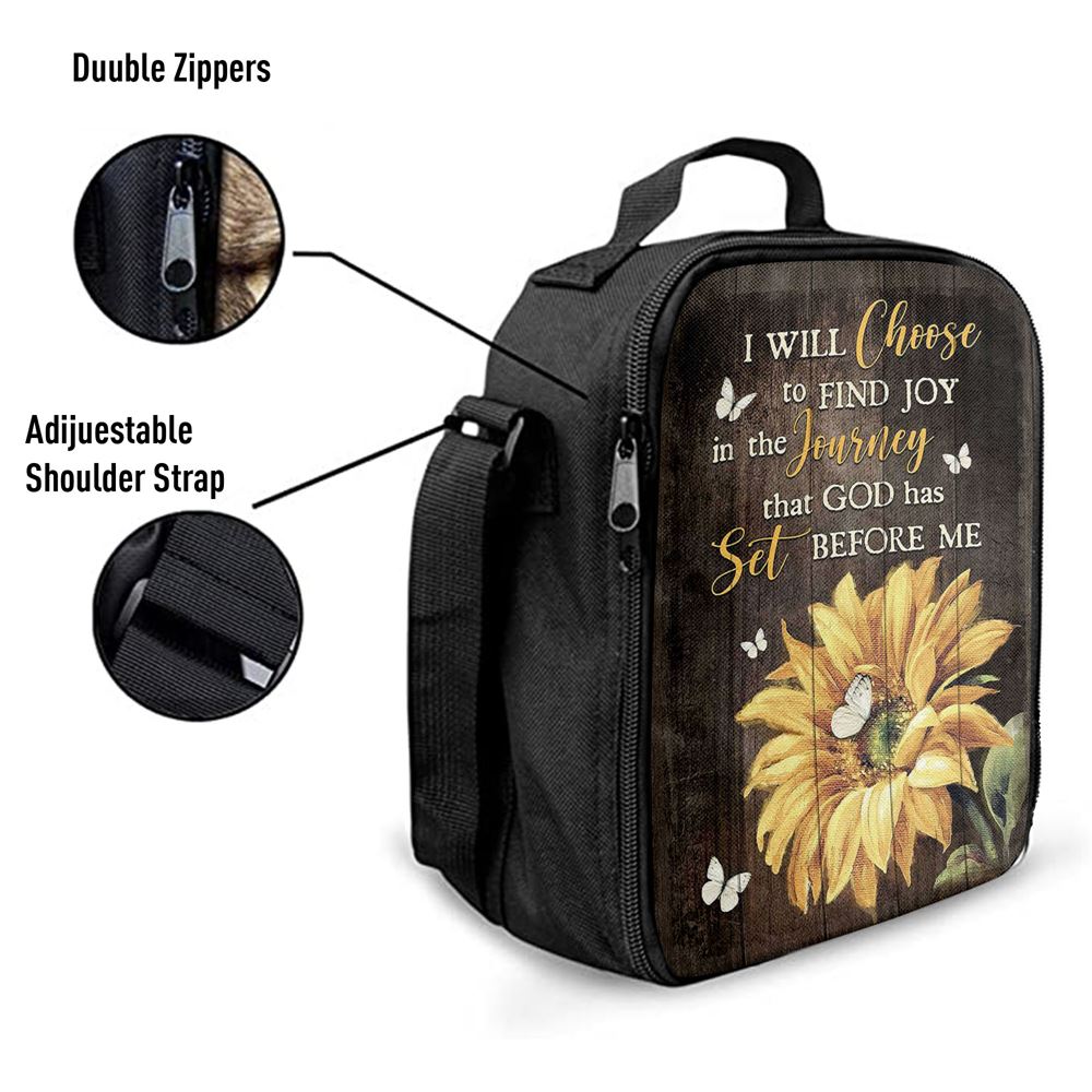 Sunflower Butterfly I Will Choose To Find Joy In The Journey Lunch Bag - Christian Art, Bible Verse Lunch Bag For Men And Women
