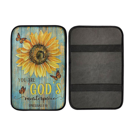 Sunflower Butterfly You Are God's Masterpiece Car Center Console Cover, Religious Car Interior Accessories