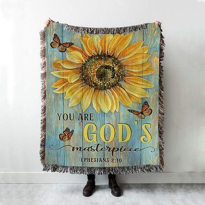 Sunflower Butterfly You Are God's Masterpiece Woven Blanket Print - Inspirational Woven Blanket Art - Christian Throw Blanket Home Decor