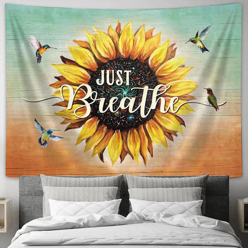 Sunflower Cardinal Just Breathe Tapestry Wall Art - Bible Verse Tapestry - Religious Tapestry Wall Hanging