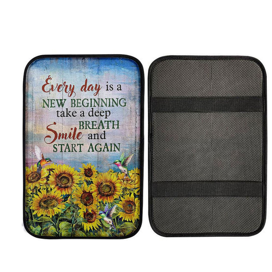 Sunflower Every Day Is A New Beginning Car Center Console Cover, Bible Verse Car Interior Accessories