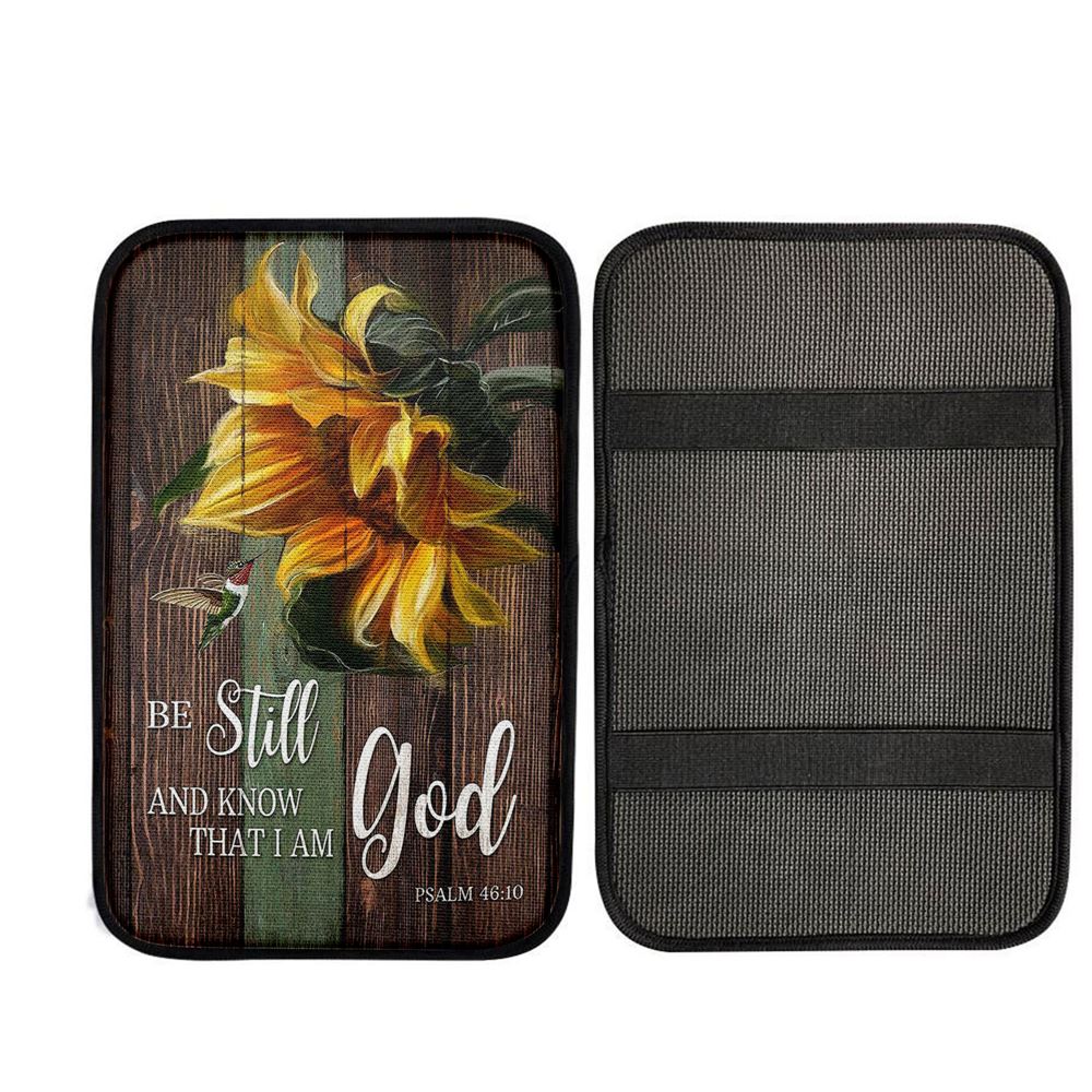 Sunflower Hummingbird Be Still And Know That I Am God Car Center Console Cover, Bible Verse Car Interior Accessories