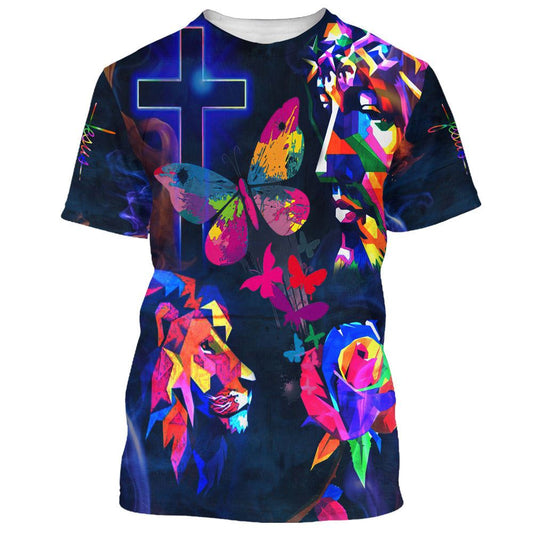 Sunflower Jesus Cross Butterfly All Over Print 3D T Shirt For Men And Women, Christian T-Shirt, Faith Shirt