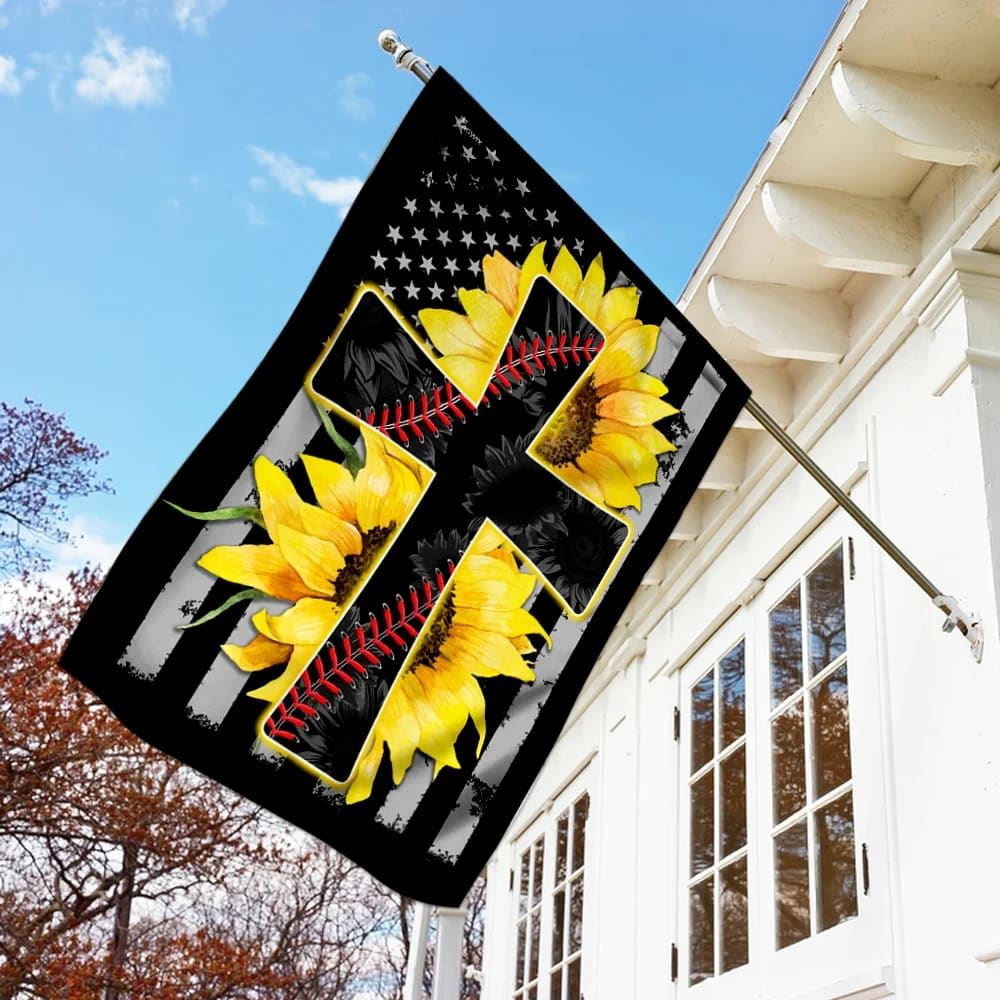 Sunflower Jesus Jesus And Softball Sunflower Christian Cross House Flag, Outdoor Religious Flags, Christian Flag, Scripture Flag, Garden Banner