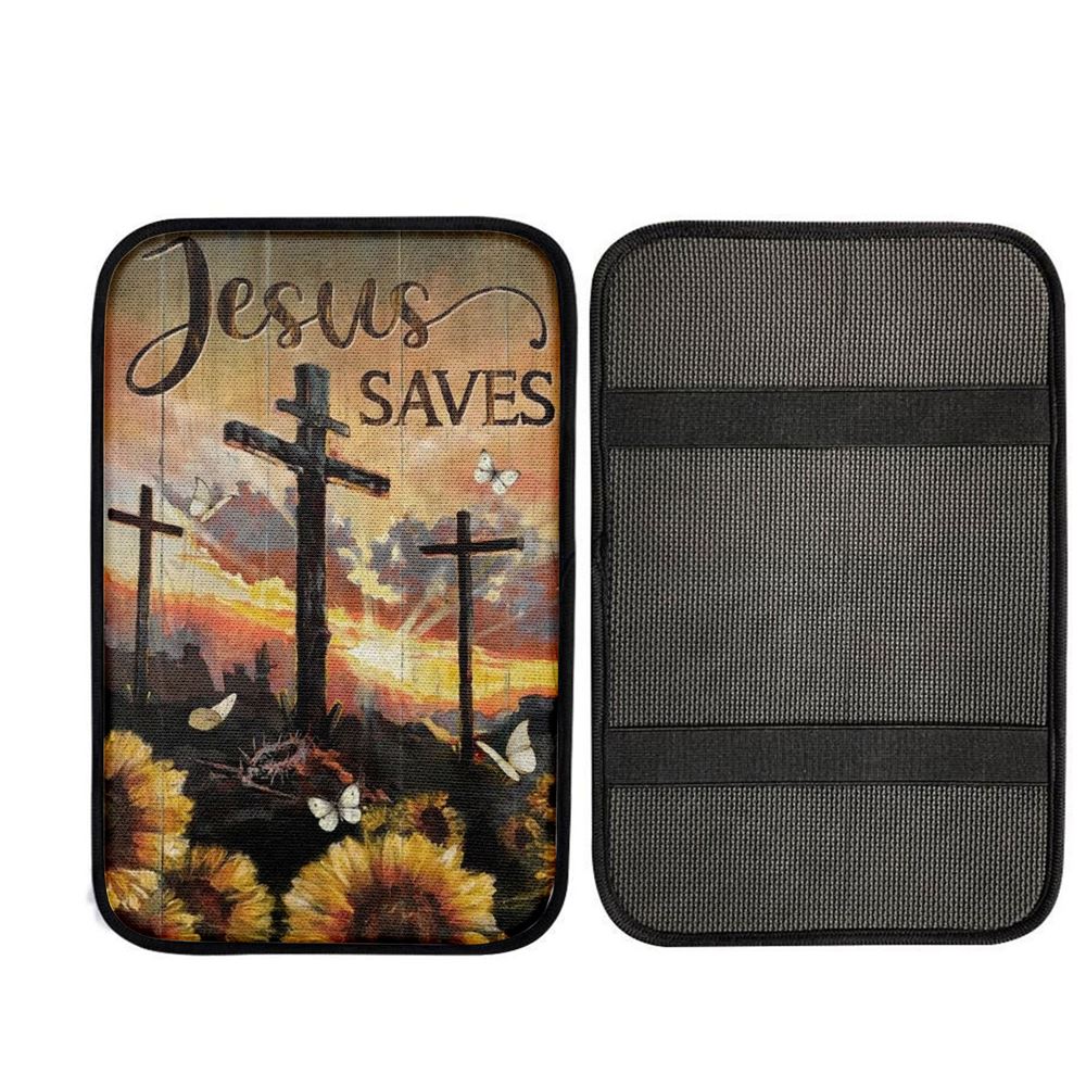 Sunflower Painting, Wooden Crosses, Jesus Saves Car Center Console Cover, Car Armrest Pad, Christian Gift, Armrest Box Mat