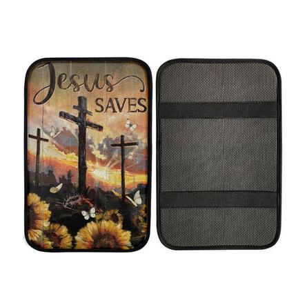 Sunflower Painting, Wooden Crosses, Jesus Saves Car Center Console Cover, Car Armrest Pad, Christian Gift, Armrest Box Mat