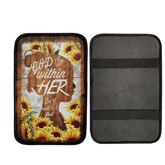 Sunflower Shadow Girl God Is Within Her She Will Not Fail Car Center Console Cover, Christ Car Interior Accessories