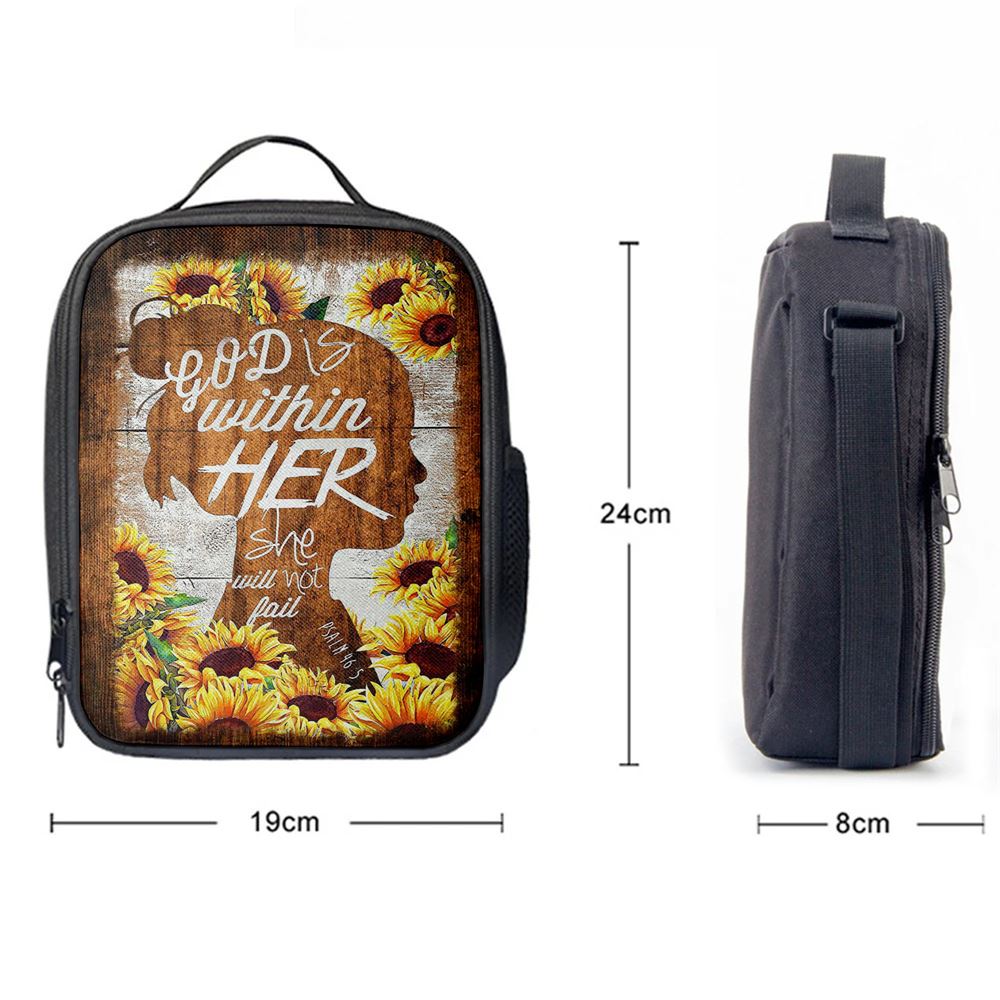 Sunflower Shadow Girl God Is Within Her She Will Not Fail Lunch Bag For Men And Women, Spiritual Christian Lunch Box For School, Work