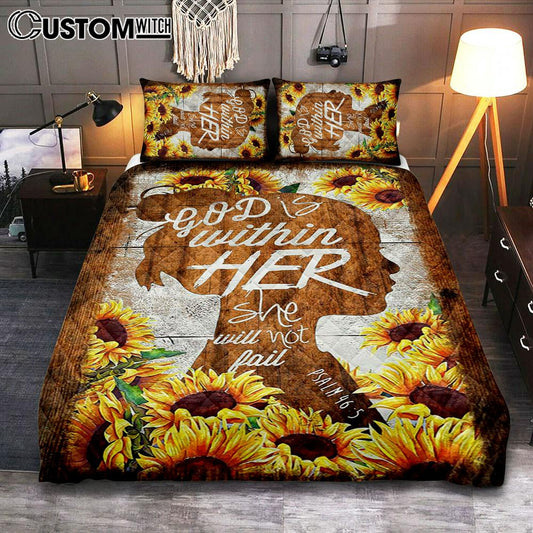 Sunflower Shadow Girl God Is Within Her She Will Not Fail Quilt Bedding Set Art - Christian Art - Bible Verse Bedroom - Religious Home Decor