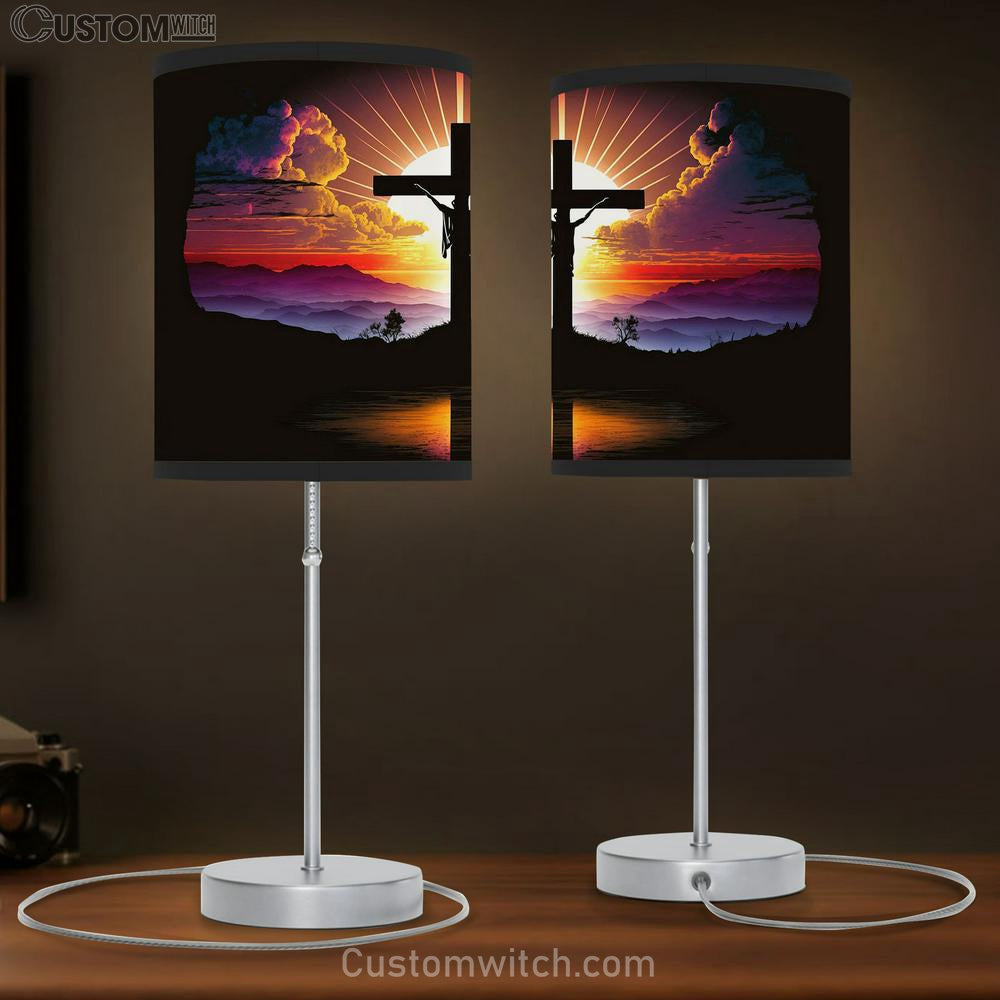 Sunset Jesus Christ Cross Table Lamb Pictures - Faith Art - Christian Table Lamb Gift Decor