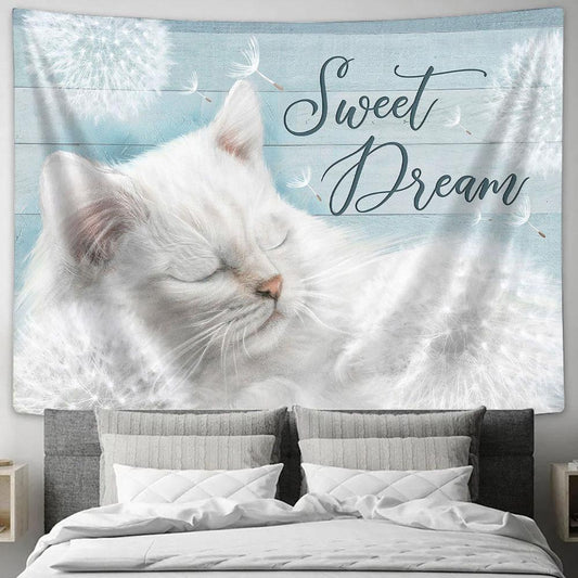 Sweet Dream Dandelion White Cat Tapestry Wall Art - Bible Verse Tapestry - Religious Tapestry Wall Hanging