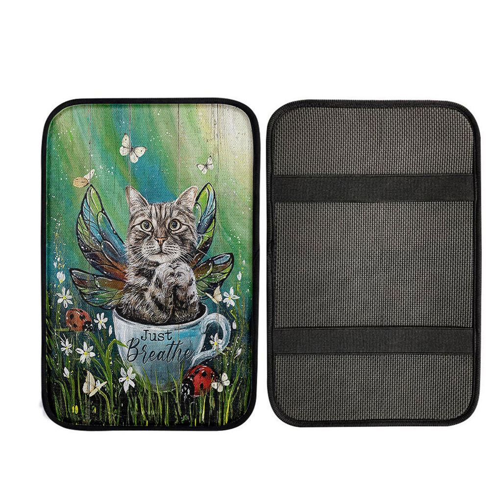 Tabby Cat Just Breathe Car Center Console Cover - Gift For Cat Lover, Christ Car Interior Accessories