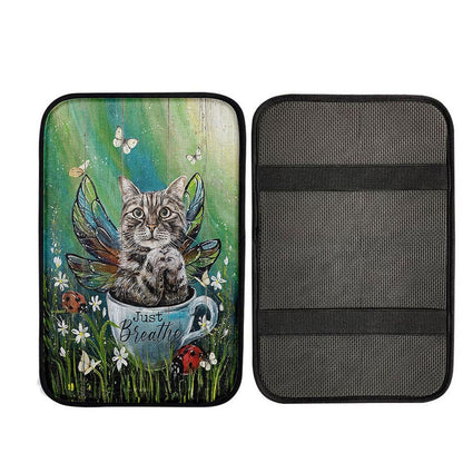 Tabby Cat Just Breathe Car Center Console Cover - Gift For Cat Lover, Christ Car Interior Accessories