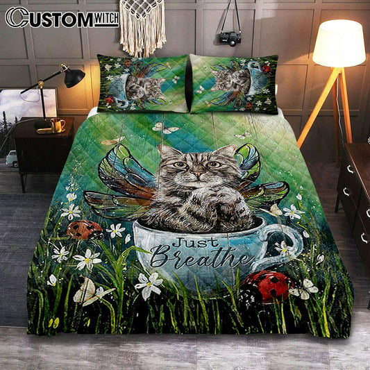 Tabby Cat Just Breathe Quilt Bedding Set Art - Christian Bedroom Decor - Gift For Cat Lover
