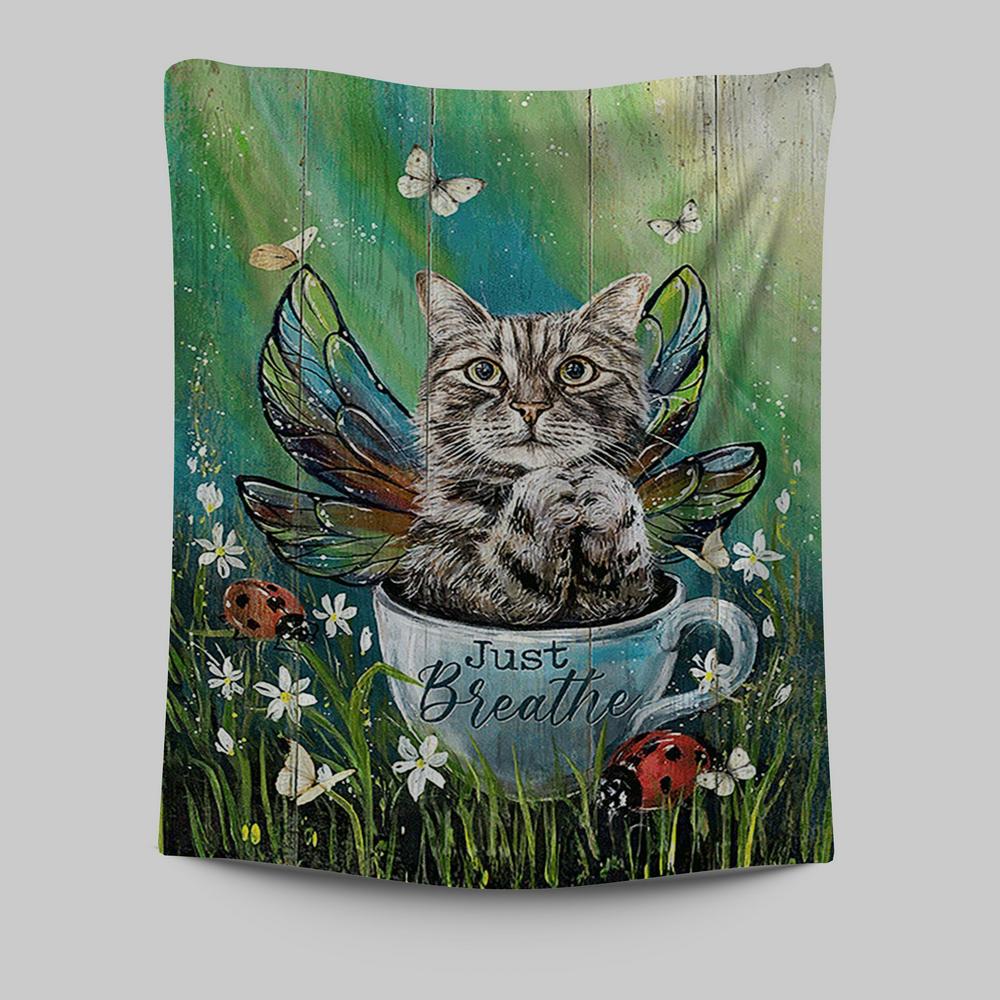 Tabby Cat Just Breathe Tapestry Art - Christian Wall Art Decor - Gift For Cat Lover