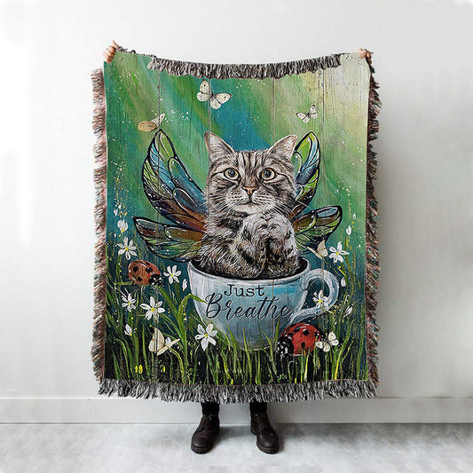 Tabby Cat Just Breathe Woven Blanket Art - Christian Throw Blanket Decor - Gift For Cat Lover