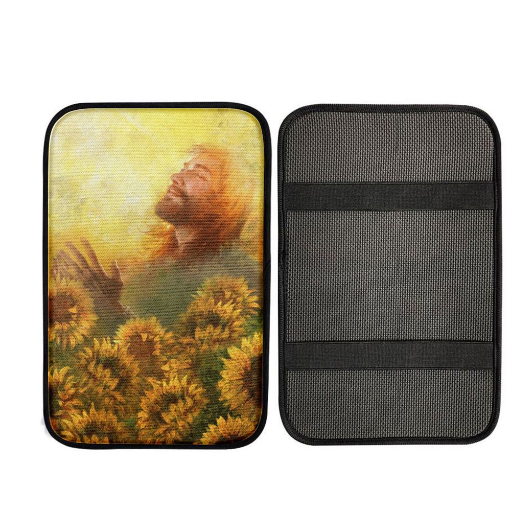 Take A Deep Breath Jesus And Beautiful Sunflower Car Center Console Cover, Bible Verse Car Interior Accessories