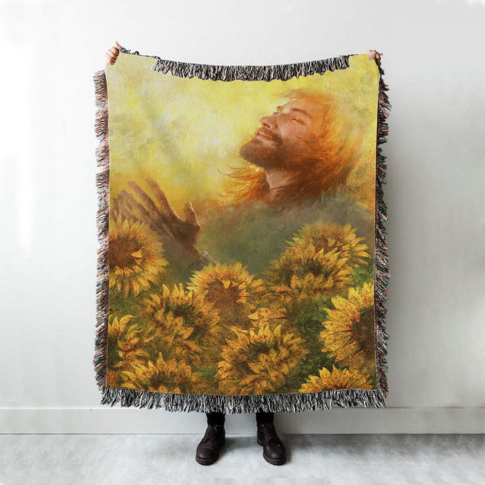 Take A Deep Breath Jesus And Beautiful Sunflower Woven Blanket Prints - Jesus Christ Woven Blanket Art - Christian Boho Blanket