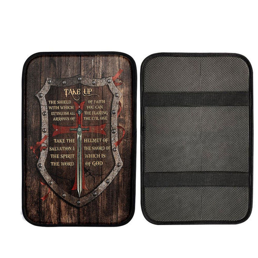 Take Up The Shield Of Faith Shield The Warrior Car Center Console Cover, Bible Verse Car Interior Accessories