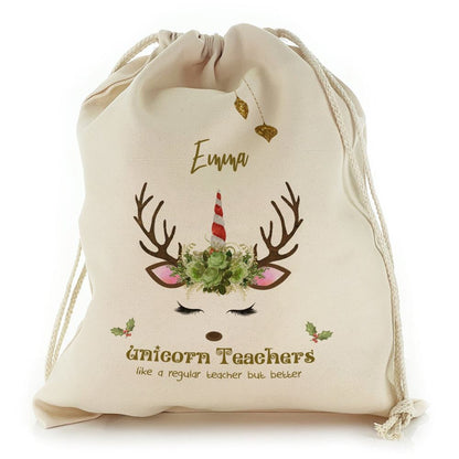 Teachers Name and Green Reindeer Unicorn Christmas Sack, Gift For Chidren, Christmas Bag Gift, Christmas Gift 2023