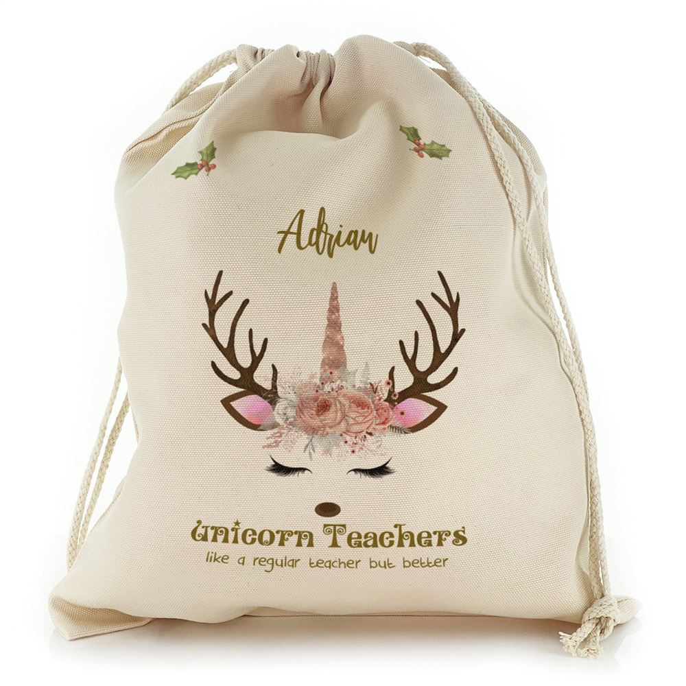 Teachers Name and Pink Reindeer Unicorn Christmas Sack, Gift For Chidren, Christmas Bag Gift, Christmas Gift 2023