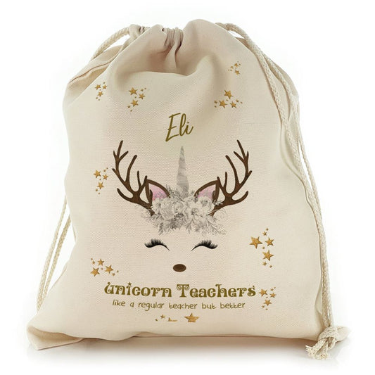 Teachers Name and White Reindeer Unicorn Christmas Sack, Gift For Chidren, Christmas Bag Gift, Christmas Gift 2023