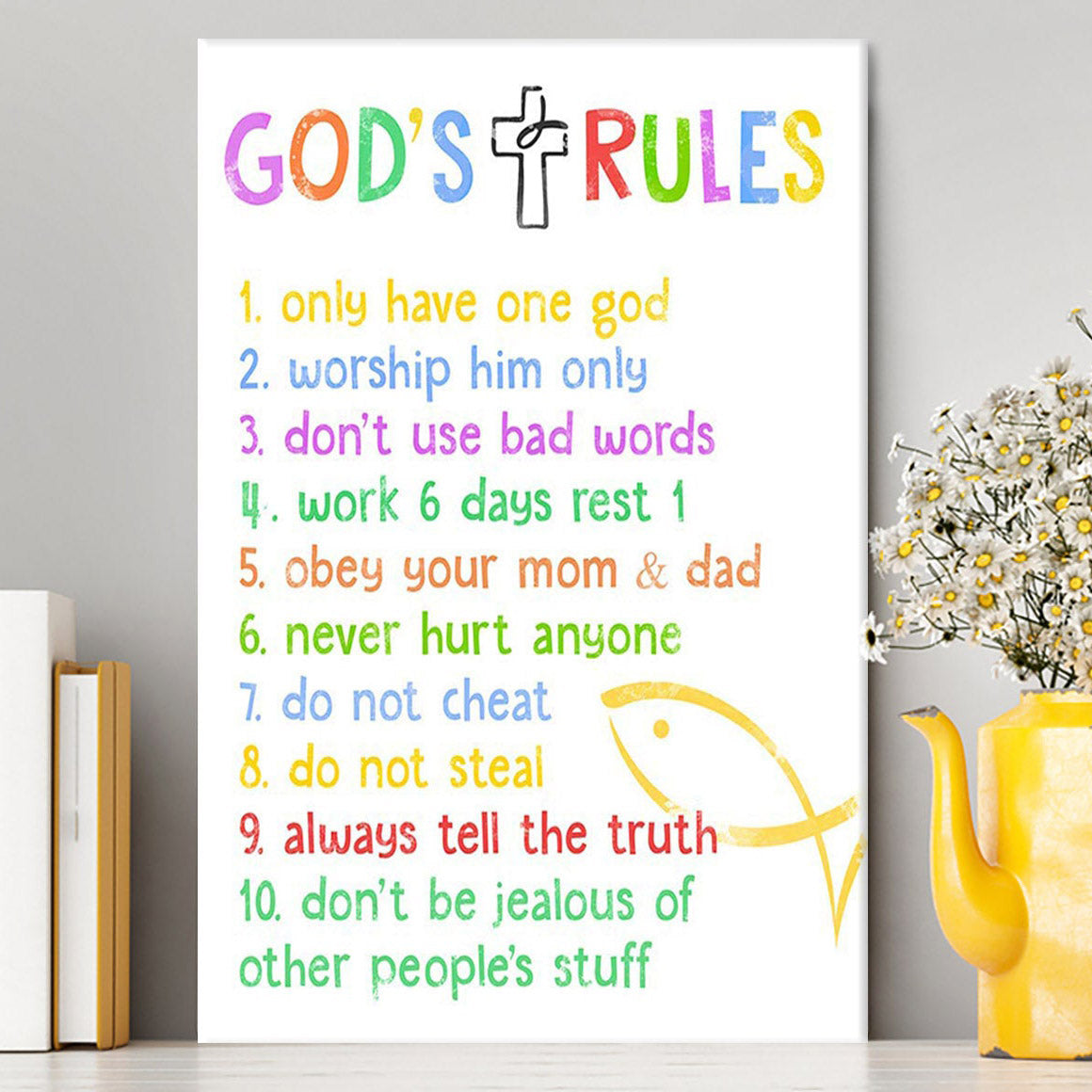 Ten Commandments Canvas Wall Art For Kids - Gods Rules Wall Decor - Kids Wall Art
