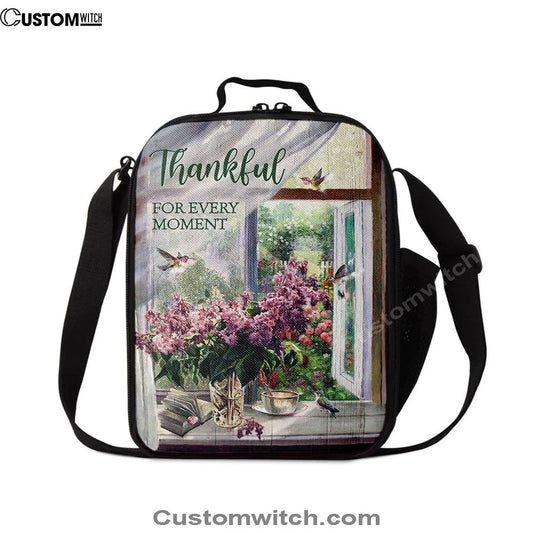 Thankful For Every Moment Lavender Peaceful Hummingbird Lunch Bag For Men And Women, Spiritual Christian Lunch Box For School, Work