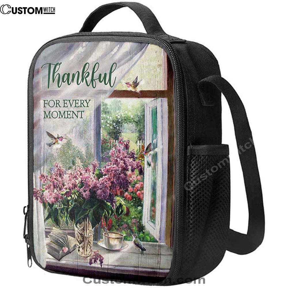 Thankful For Every Moment Lavender Peaceful Hummingbird Lunch Bag For Men And Women, Spiritual Christian Lunch Box For School, Work