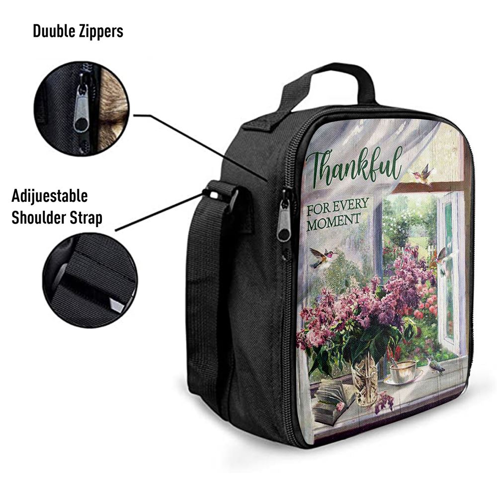 Thankful For Every Moment Lavender Peaceful Hummingbird Lunch Bag For Men And Women, Spiritual Christian Lunch Box For School, Work