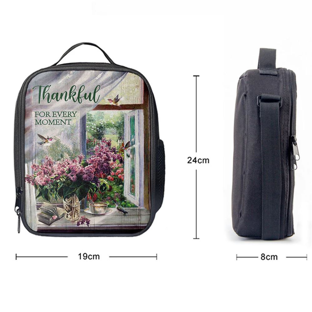 Thankful For Every Moment Lavender Peaceful Hummingbird Lunch Bag For Men And Women, Spiritual Christian Lunch Box For School, Work