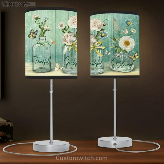 Thankful Grateful Blessed Table Lamb Gift - Butterfly Flower - Christian Bedroom Decor