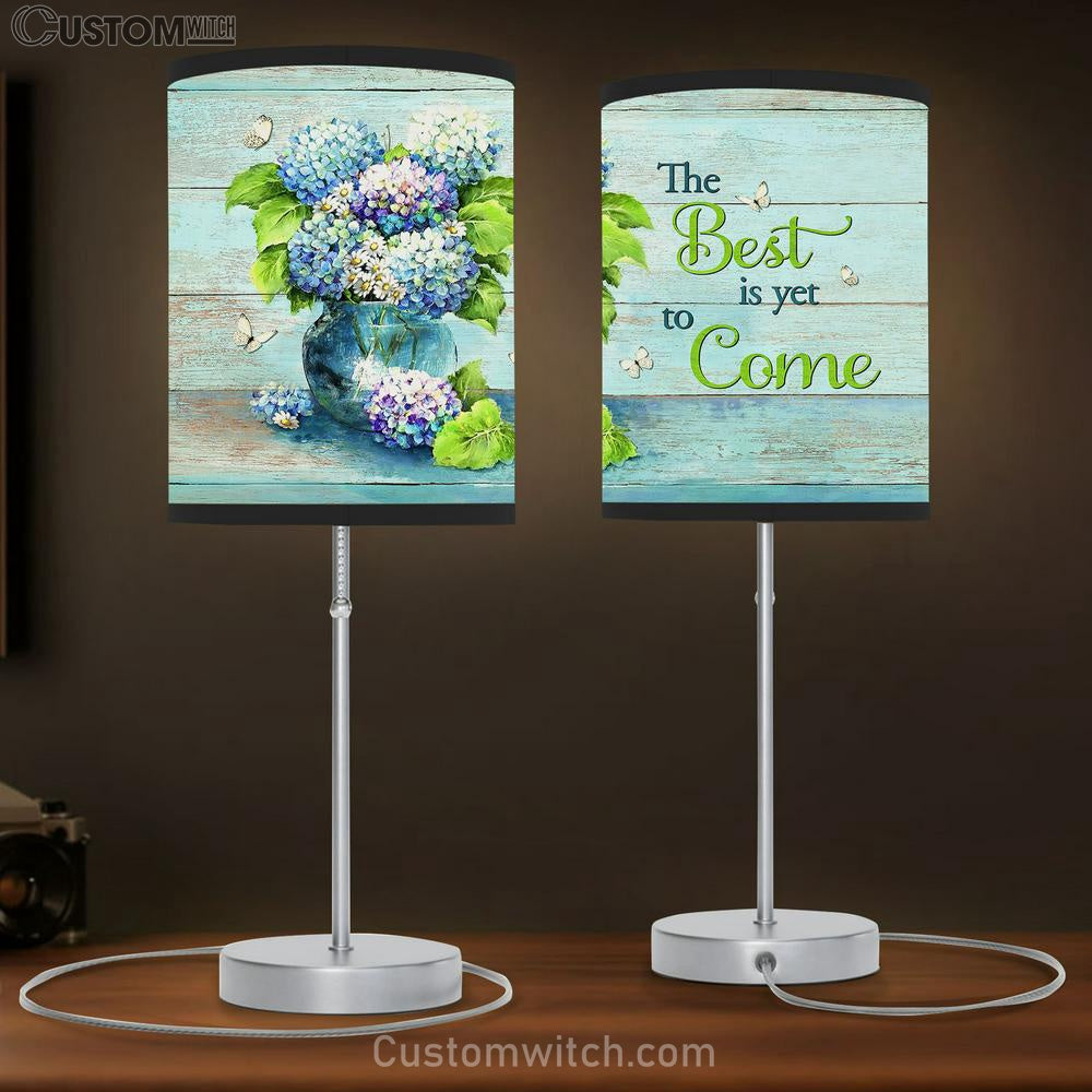 The Best Is Yet To Come Blue Hydrangea Butterfly Table Lamb Art - Christian Lamb Gift Decor - Bible Verse Table Lamb