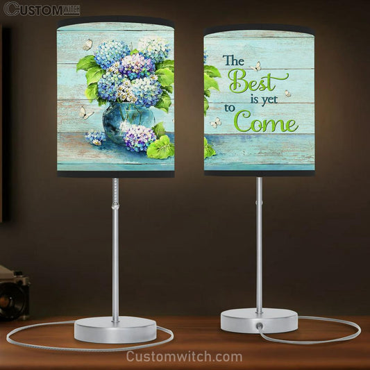 The Best Is Yet To Come Blue Hydrangea Butterfly Table Lamb Art - Christian Lamb Gift Decor - Bible Verse Table Lamb