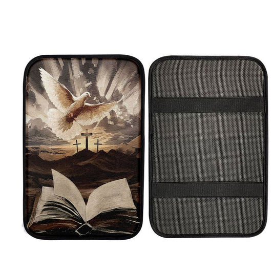 The Bible Dove Old Rugged Crosses Sunrise On Mountains Car Center Console Cover, Bible Verse Car Interior Accessories