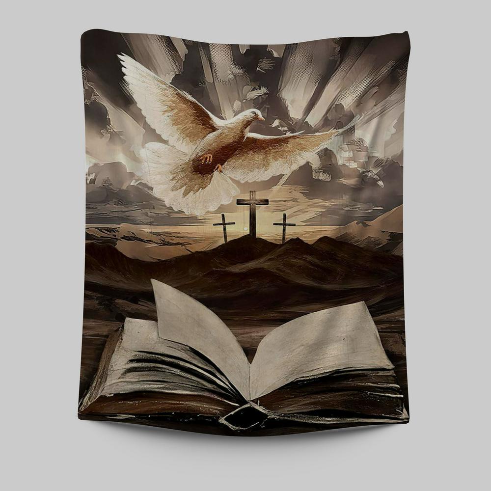 The Bible Dove Old Rugged Crosses Sunrise On Mountains Tapestry Art - Christian Art - Bible Verse Wall Art - Religious Home Decor